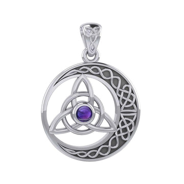 The Celtic Knot Moon and Triquetra Silver Pendant with Stone TPD6052 - Jewelry